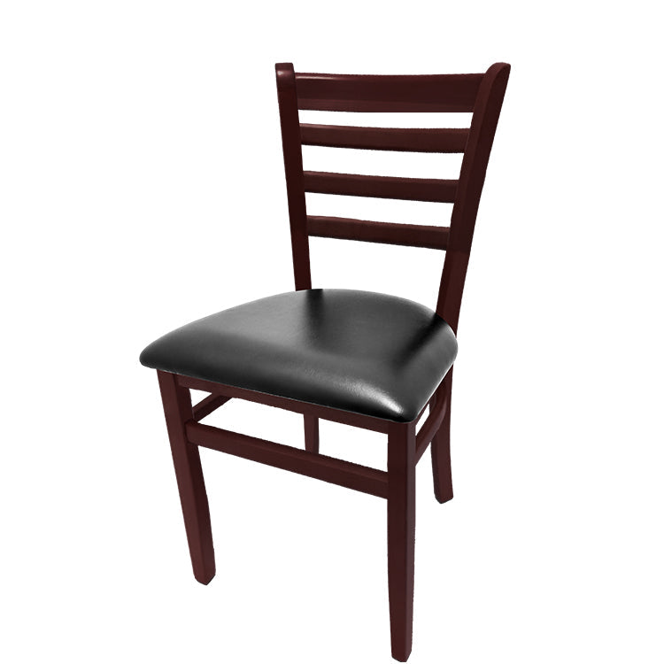 Ladderback dining chair with mahogany stain frame and black vinyl seat.
