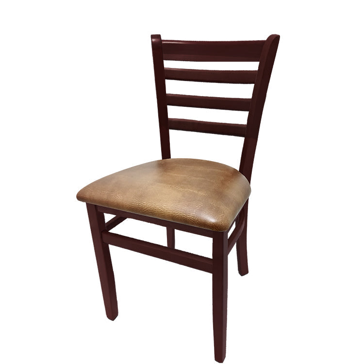 Ladderback dining chair with mahogany frame and buckskin vinyl seat.