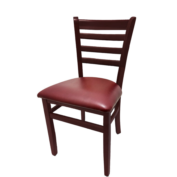 Ladderback dining chair with mahogany stain frame and wine vinyl seat.