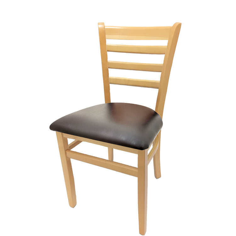 Ladderback dining chair with clear coat wood frame and espresso vinyl seat