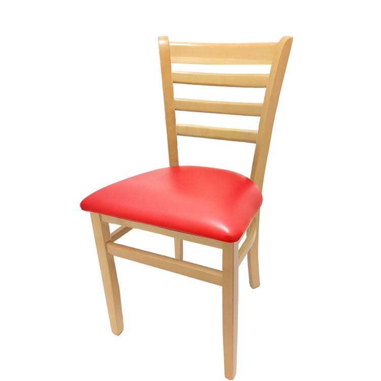 Ladderback dining chair with clear coat frame and red vinyl seat.