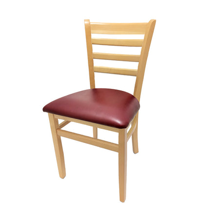 Ladderback dining chair with clear coat frame and wine vinyl seat.