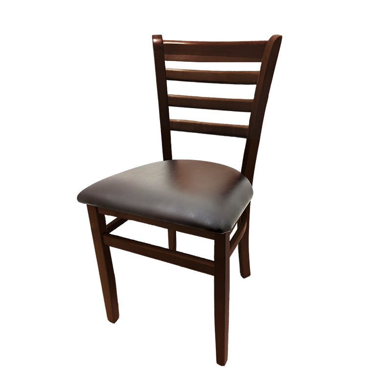 Ladderback dining chair with walnut stain frame and espresso vinyl seat.