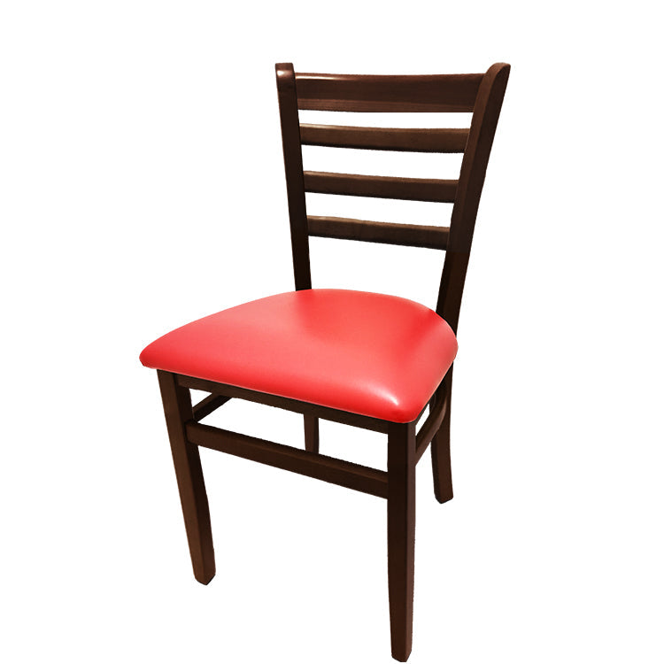 Ladderback dining chair with walnut frame and red vinyl seat.