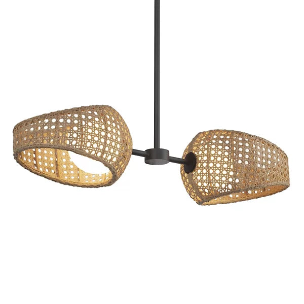 Lanai LED pendant light featuring a natural rattan shade paired with an opal glass diffuser, showcasing a Bohemian Hawaiian-inspired design that provides a warm, ambient glow for restaurants, bars, and modern interiors.