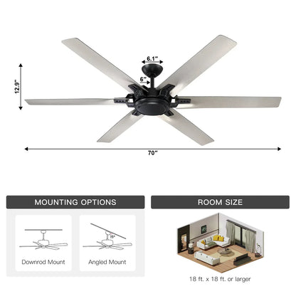 70-inch industrial ceiling fan with brushed nickel finish and silver blades with mounting dimensions