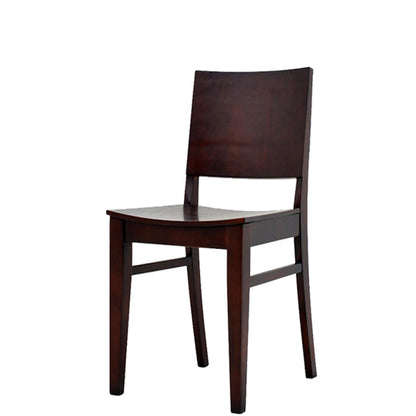 Latitude solid wood frame chair with mahogany finish, veneered seat and back, and reinforced leg supports. Ships fully assembled and built for indoor restaurant use.