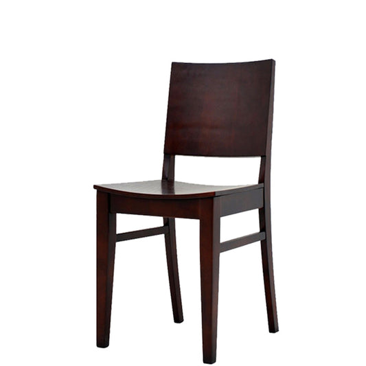 Latitude solid wood frame chair with mahogany finish, veneered seat and back, and reinforced leg supports. Ships fully assembled and built for indoor restaurant use.