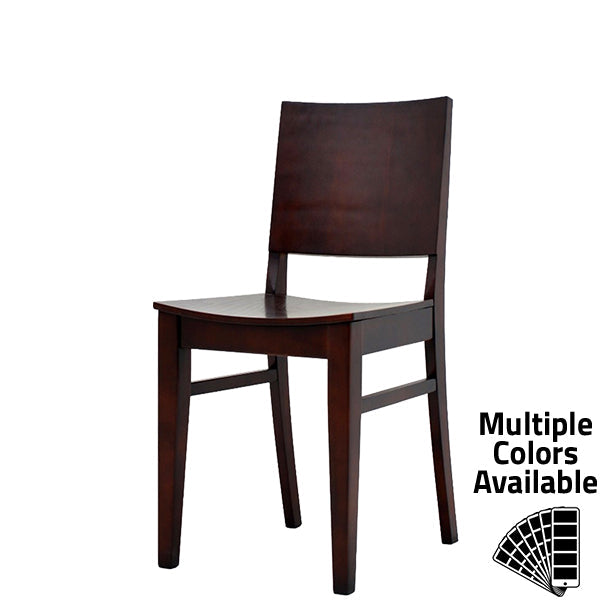 Latitude solid wood dining chair with walnut finish and veneered particle board seat and back. Features solid wood frame, smooth surface, and floor-safe glides.