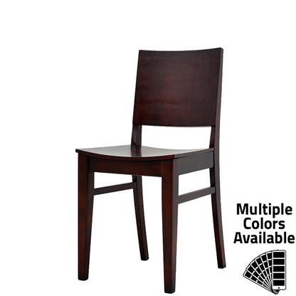 Latitude solid wood dining chair with walnut finish and veneered particle board seat and back. Features solid wood frame, smooth surface, and floor-safe glides.