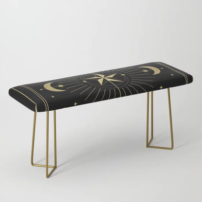 L’Etoile or The Star Tarot Gold Bench by Cafelab with gold steel legs – luxurious handcrafted seating featuring celestial artwork ideal for hotel lobbies, upscale bars, and modern cafés