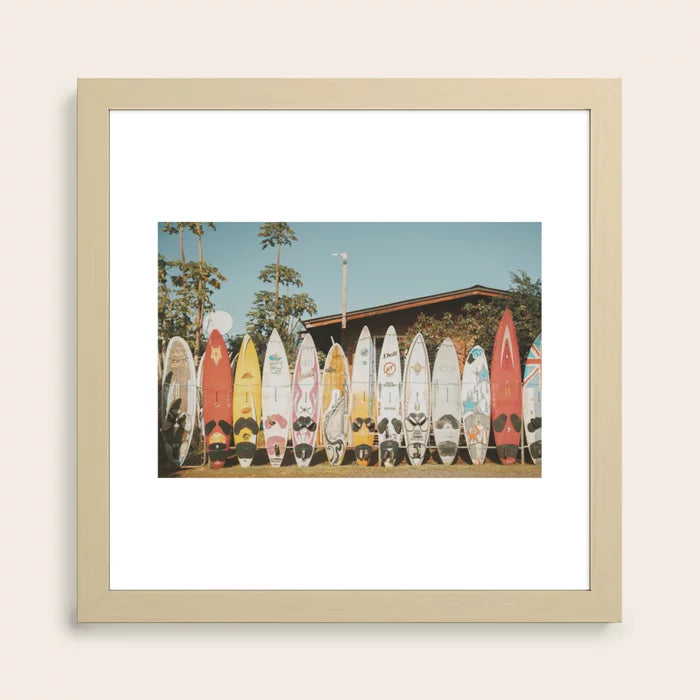 Lets Surf XV surf print in maple frame displayed in coastal coffee shop