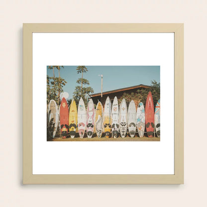 Lets Surf XV surf print in maple frame displayed in coastal coffee shop