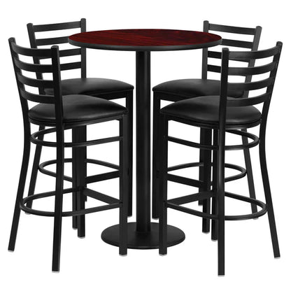 Mahogany laminate bar table set with black ladder back barstools for restaurants and hotels.