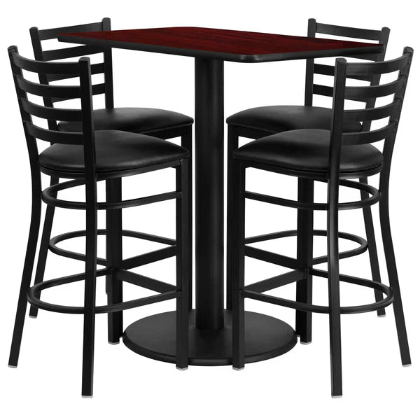 Mahogany laminate bar table set with black ladder back barstools for restaurants, bars, and hotels