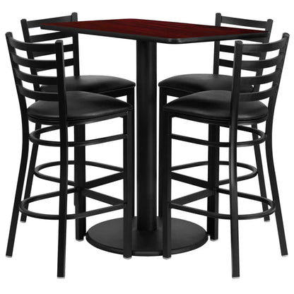 Mahogany laminate bar table set with black ladder back barstools for restaurants, bars, and hotels