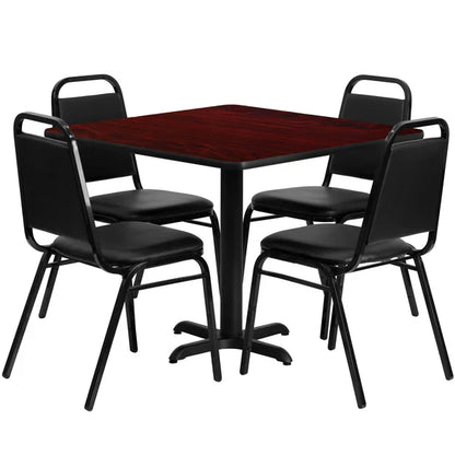 Mahogany laminate table set with black banquet chairs for restaurants and hotels