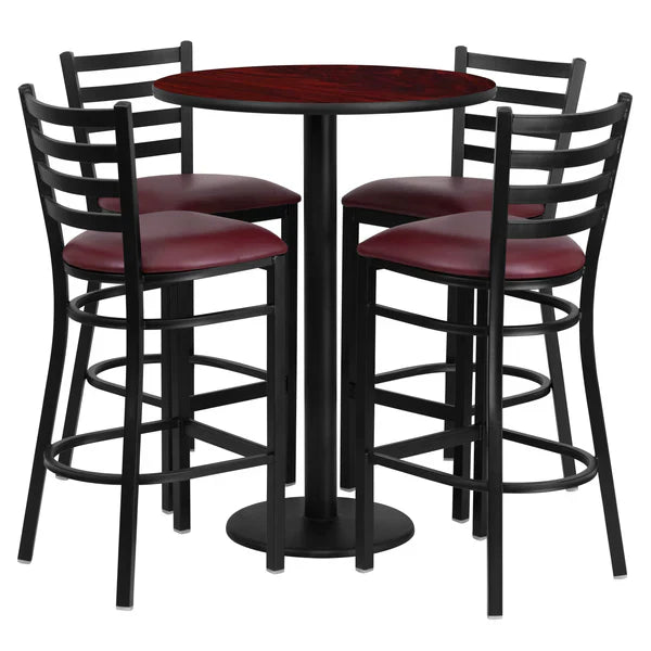 Mahogany laminate bar table set with burgundy ladder back barstools for restaurants, bars, and hotels.