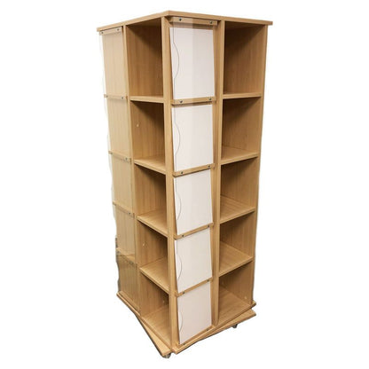 Rotating t-shirt display tower in maple finish featuring 20 clear acrylic pockets.