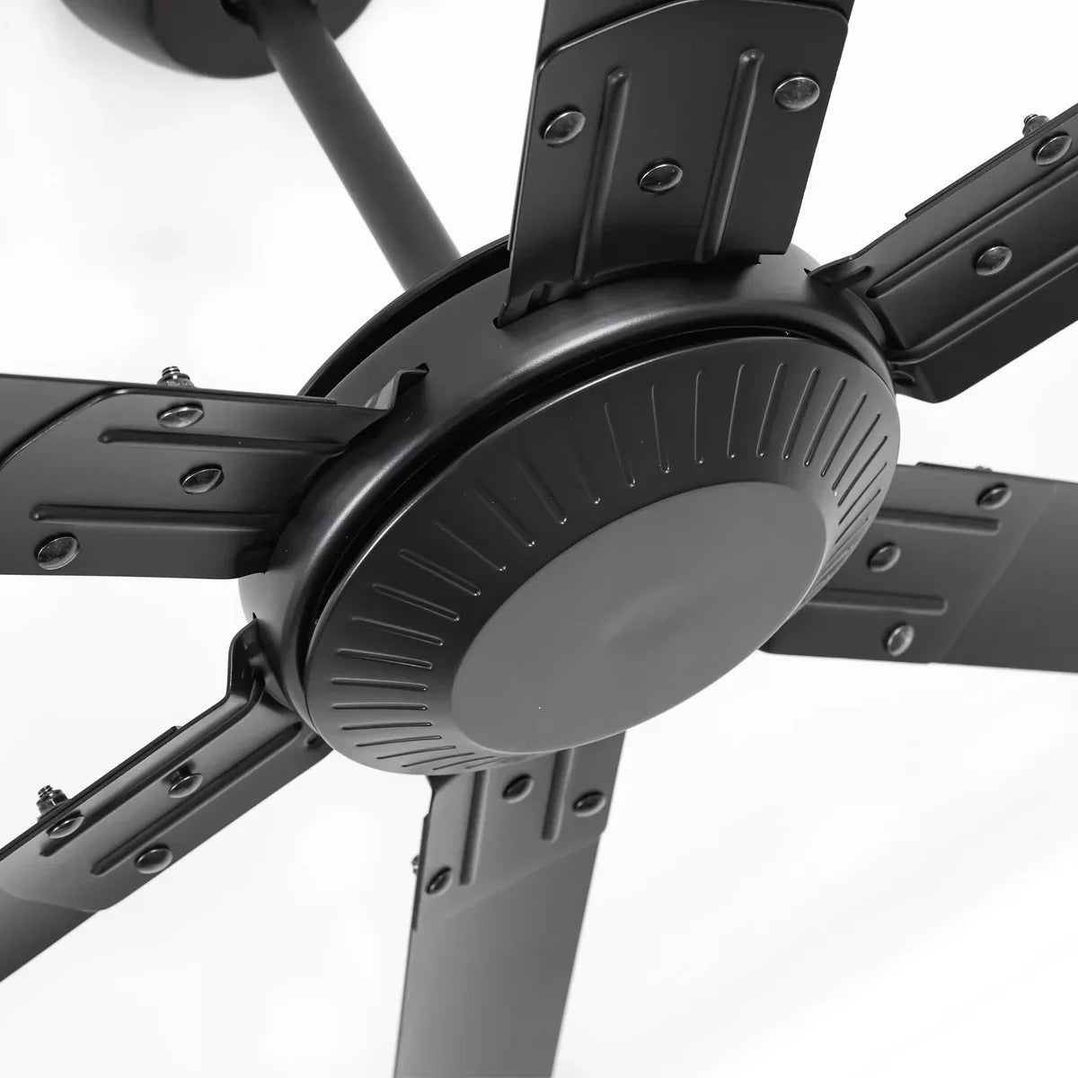 Modern black ceiling fan with aluminum blades and downrod mount for large restaurants or covered patios