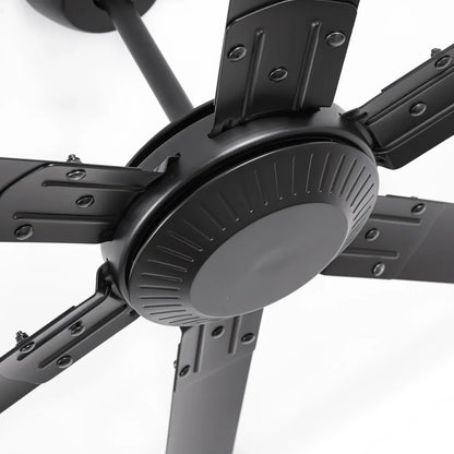 Modern black ceiling fan with aluminum blades and downrod mount for large restaurants or covered patios