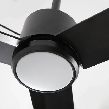Weatherproof ceiling fan for patios, decks, or outdoor dining spaces with remote and LED illumination