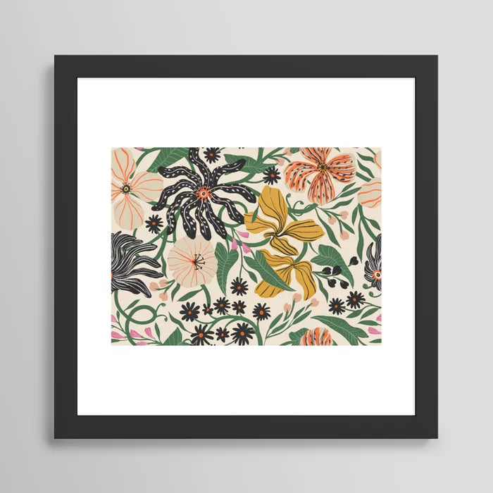 Merrick Floral crème art print in a modern black frame, ideal for restaurants, bars, and boutique hotels