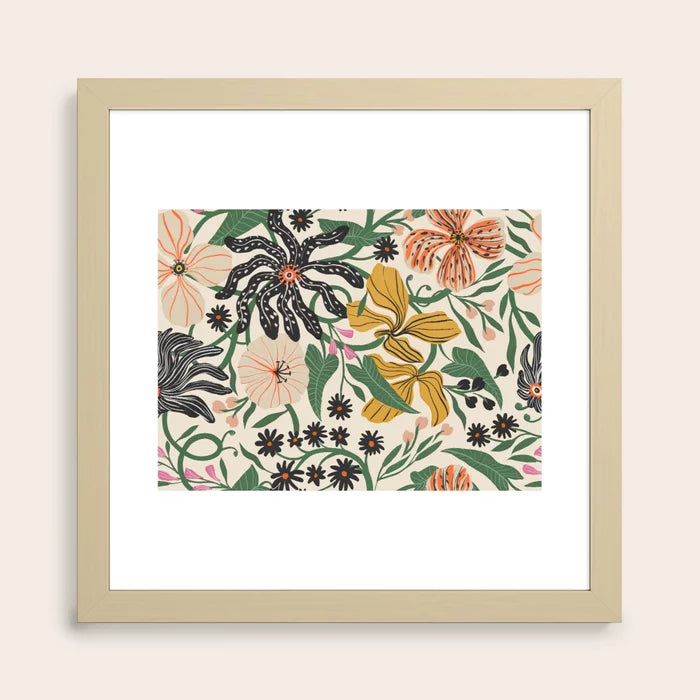 Merrick Floral crème art print in a natural maple wood frame, suitable for warm restaurant and coffee shop interiors