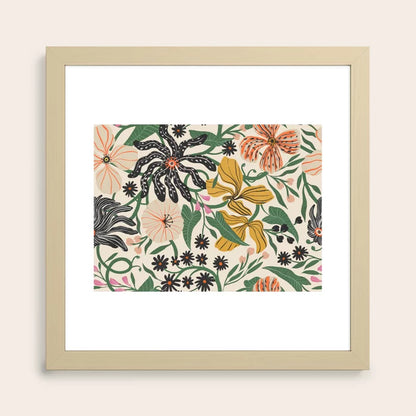 Merrick Floral crème art print in a natural maple wood frame, suitable for warm restaurant and coffee shop interiors