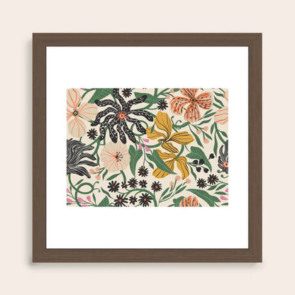 Merrick Floral crème art print in a rich walnut frame, designed for upscale bars, lounges, and hotel décor