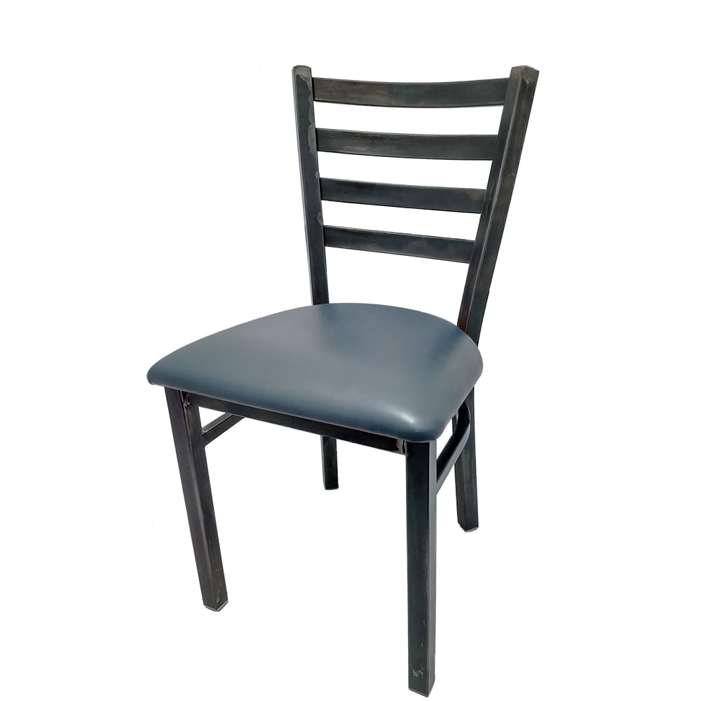 Rustic ladderback restaurant chair with polished steel frame and Blue Ridge vinyl seat. Heavy-duty industrial seating with smooth clear coat finish.