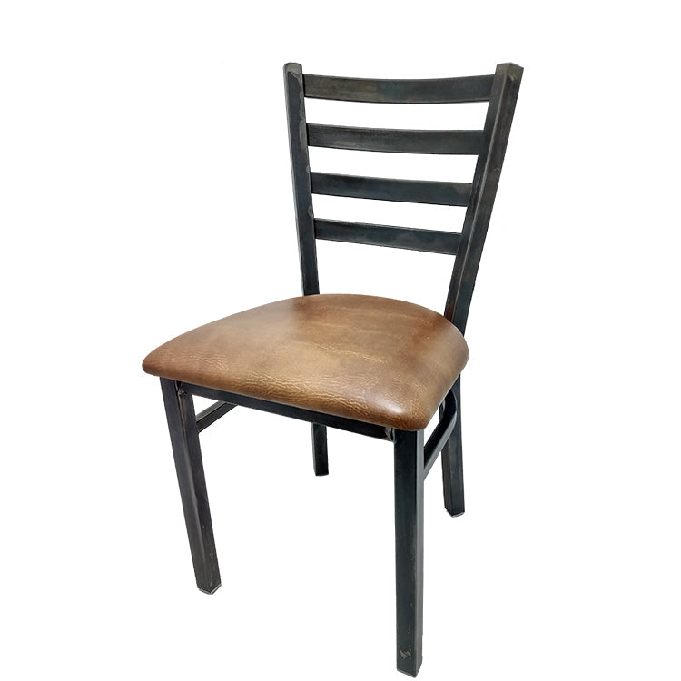 Front view of rustic ladderback chair with clear coat welded steel frame and buckskin vinyl seat. Durable indoor seating for restaurants and commercial dining.