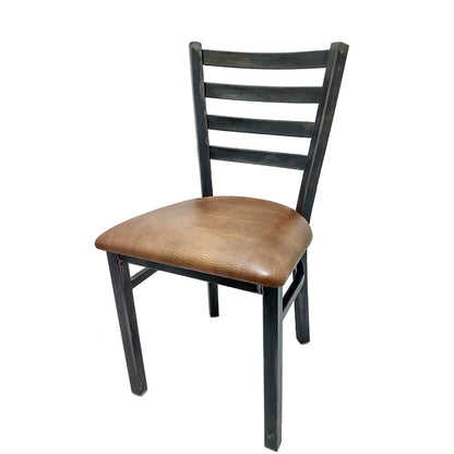 Front view of rustic ladderback chair with clear coat welded steel frame and buckskin vinyl seat. Durable indoor seating for restaurants and commercial dining.