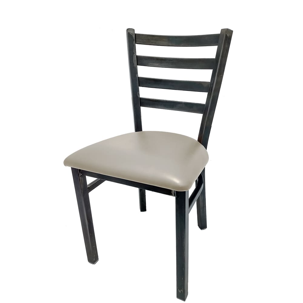 Front view of rustic ladderback restaurant chair with clear coat frame and dove gray vinyl seat. Modern metal chair for dining or hospitality interiors.