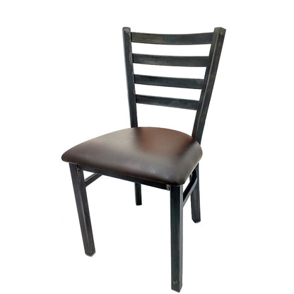 Rustic ladderback metal restaurant chair with espresso vinyl seat and clear coat finish. Industrial-style dining chair for commercial use.