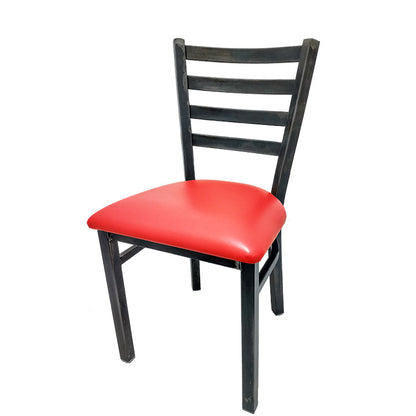 Rustic ladderback restaurant chair with red vinyl seat and clear coat metal frame. Stylish, durable chair for restaurant dining spaces.