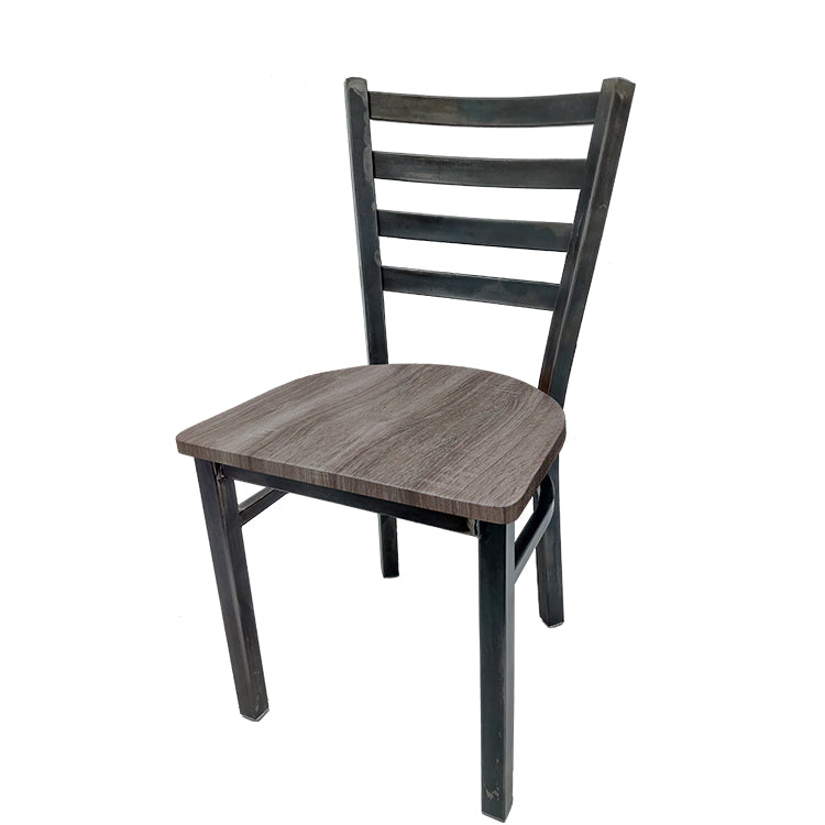 Rustic ladderback restaurant chair with barnwood seat and clear coat steel frame. Vintage industrial seating for restaurant or bar interiors.