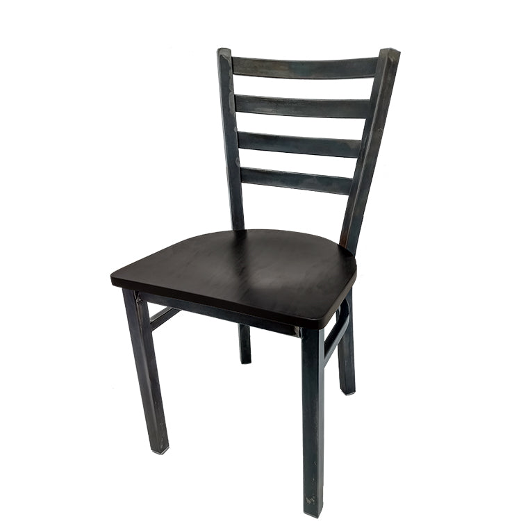 Front view of rustic ladderback restaurant chair with clear coated metal frame and black wood seat. Durable dining chair for commercial interiors.