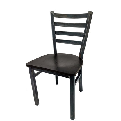 Front view of rustic ladderback restaurant chair with clear coated metal frame and black wood seat. Durable dining chair for commercial interiors.