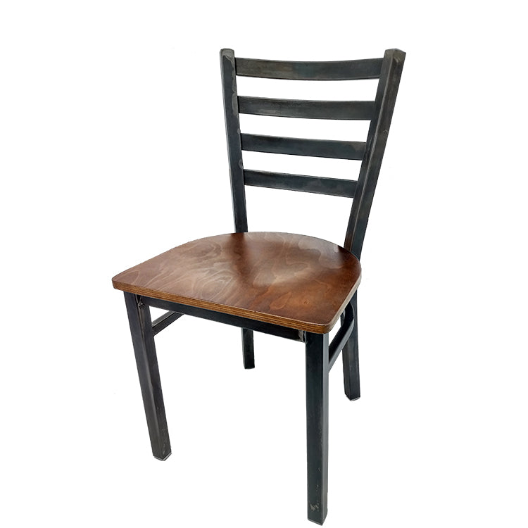 Rustic ladderback restaurant chair with walnut wood seat and clear coat steel frame. Elegant industrial-style seating for restaurants and bars.