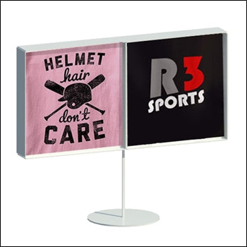 Two-wide metal t-shirt display box with stand in raw steel finish for showcasing apparel.