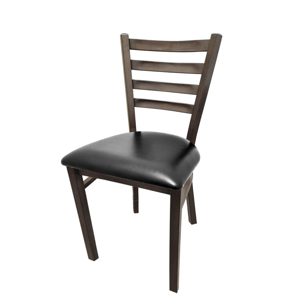 Front view of Metalwood Ladderback restaurant chair with driftwood finish metal frame and black vinyl seat. Durable faux wood design for indoor restaurant seating.