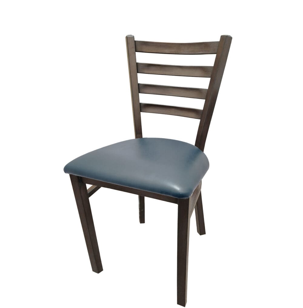 Front view of Metalwood Ladderback chair with driftwood frame and Blue Ridge vinyl seat. Commercial-grade seating ideal for restaurants, cafés, and hospitality spaces.