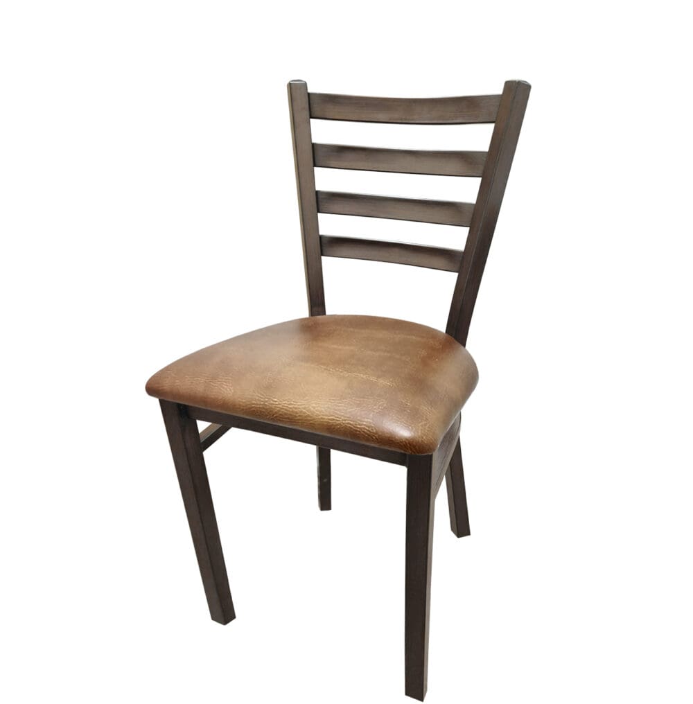 Front view of Metalwood Ladderback restaurant chair featuring driftwood faux wood frame and buckskin vinyl seat. Classic ladderback design for commercial dining interiors