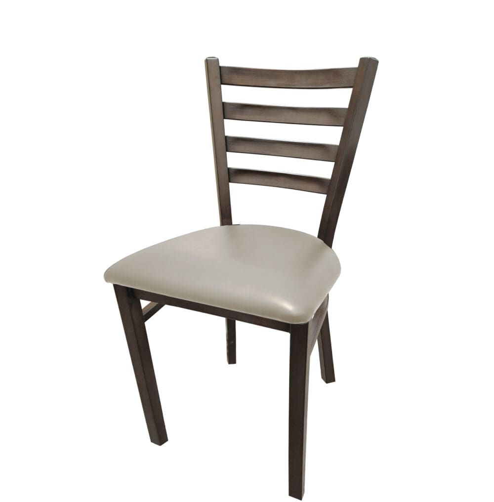 Front view of Metalwood Ladderback restaurant chair in driftwood finish with dove gray vinyl seat. Modern and durable seating for indoor commercial use.