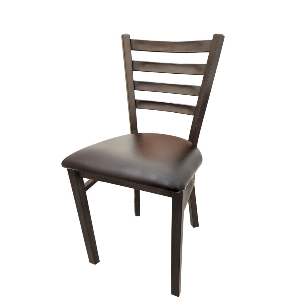 Front view of Metalwood Ladderback restaurant chair with driftwood metal frame and espresso vinyl seat. Elegant and durable seating for dining environments.