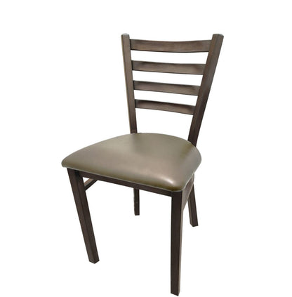 Front view of Metalwood Ladderback restaurant chair with driftwood faux wood frame and gunmetal vinyl seat. Heavy-duty commercial seating with modern styling.