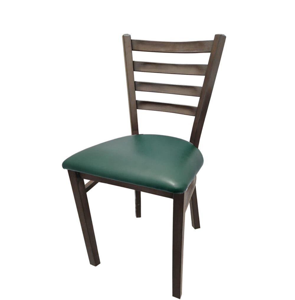 Front view of Metalwood Ladderback restaurant chair with driftwood frame and hunter green vinyl seat. Durable indoor seating for cafés, bars, and dining spaces.
