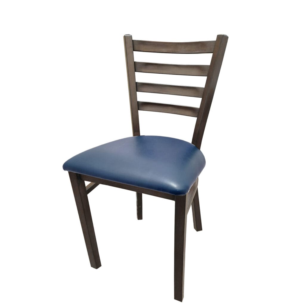Front view of Metalwood Ladderback restaurant chair with driftwood metal frame and navy vinyl seat. Commercial-grade faux wood seating for hospitality interiors.