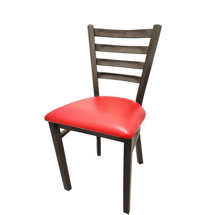 Front view of Metalwood Ladderback restaurant chair with driftwood finish frame and red vinyl seat. Vibrant and sturdy chair for restaurant and café use.